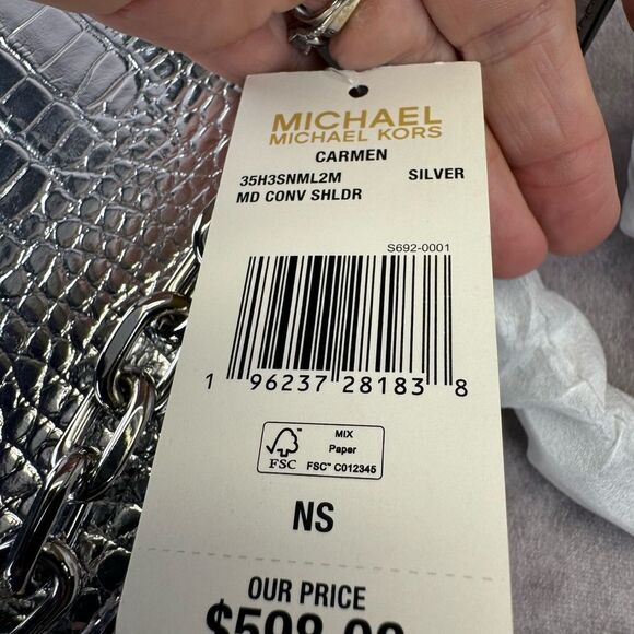 Michael Kors Medium Carmen Silver Embossed Convertible Bag NWT - Picture 11 of 13